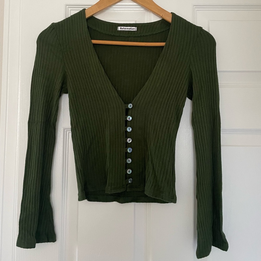 Reformation Forest Green Ribbed Button-Down Top